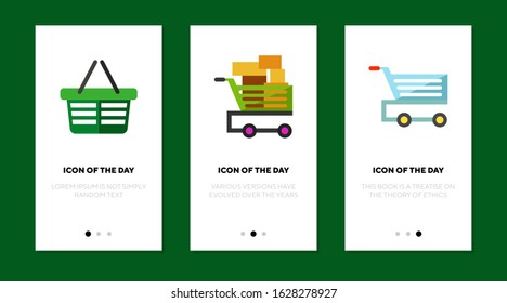 Goods in-store transportation flat vector icon set. Basket, trolley, cart, forklift isolated sign pack. Shopping and retail concept. Vector illustration symbol elements for web design and apps.