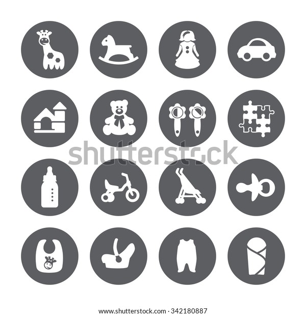 Goods for newborns icons. Shop for\
children.Toys icons. Vector signs. Set toy\
store.\
