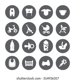 Goods for newborns icons. Vector signs. Shop for children.