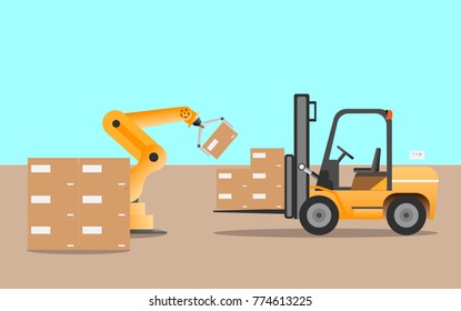 The goods on the conveyor belt of the factory are transported by mechanical arms and forklifts, vector illustrations