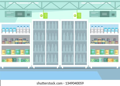 Goods on shelf in supermarket vector illustration. Dairy products section in empty mall flat drawing. Merchandising. Refrigerators with bottles of fresh milk. Grocery store. Organic and eco yogurt