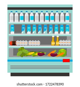 Goods on shelf in supermarket vector illustration. Dairy products section in empty mall flat drawing. Merchandising. Refrigerators with bottles of fresh milk. Grocery store. Organic and eco yogurt