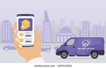 goods package delivery services app with smartphone tracking with truck and city as background