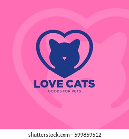 Goods for pets emblem. Vet clinic logo. Cat and heart on pink background.