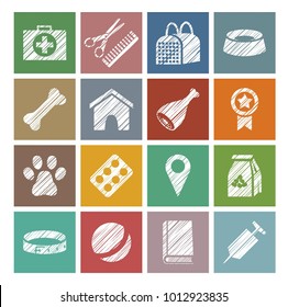 The goods for Pets. Flat, square icons. Hatching a white pencil on a colored field. Imitation. Vector clip art. 