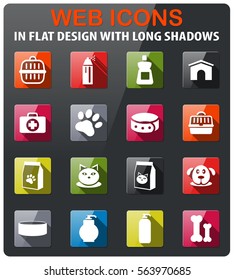 goods for pets icons set in flat design with long shadow