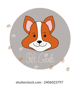 Mercancías mascotas. El perro de la caricatura de bozal lindo. Publicidad, emblema. Productos, Comida mascota, dibujo. Caligrafía, letras a mano. Impresión de trazo. Corgi de cachorro. Cartel, logotipo. Ilustración vectorial.