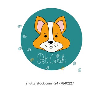 Mercancías mascotas. Hocico lindo perro de dibujos animados. Publicidad, emblema. Productos, Comida para mascotas, dibujo. Caligrafía, letras a mano. Impresión de pata. Lindo cachorro de raza Corgi. Anuncio, logo.