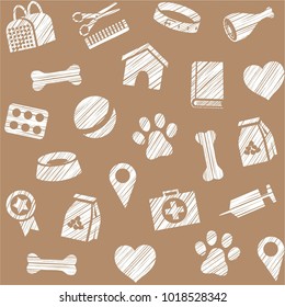 The goods for Pets. Veterinary care. Color, flat background. Hatching with a white pencil on a brown field. Imitation. Vector, seamless pattern. 