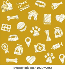 The goods for Pets. Veterinary care. Color, flat background. Hatching with a white pencil on the yellow-brown field. Imitation. Vector, seamless pattern. 