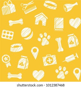 The goods for Pets. Veterinary care. Colored, flat background. Hatching a white pencil on a yellow field. Imitation. Vector seamless pattern. 