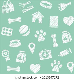 The goods for Pets. Veterinary care. Colored, flat background. Hatching a white pencil on blue-green field. Imitation. Vector seamless pattern. 