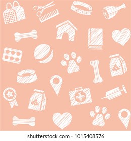 The goods for Pets. Veterinary care. Colored, flat background. Hatching a white pencil on the pink box. Imitation. Vector seamless pattern. 