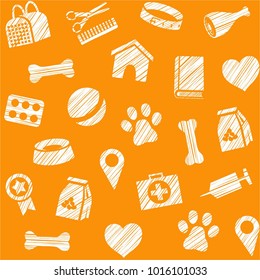 The goods for Pets. Veterinary care. Colored, flat background. Hatching a white pencil on the orange box. Imitation. Vector seamless pattern. 