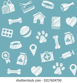 The goods for Pets. Veterinary care. Colored, flat background. Hatching a white pencil on a dark blue field. Imitation. Vector seamless pattern. 