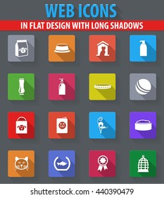 Goods for pets web icons in flat design with long shadows