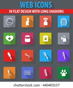 Goods for pets web icons in flat design with long shadows