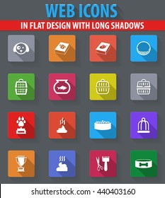 Goods for pets web icons in flat design with long shadows