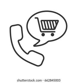 Goods phone order linear icon. Shopping by phone. Thin line illustration. Handset with shopping cart inside speech bubble. Supermarket products delivery contour symbol. Vector isolated outline drawing