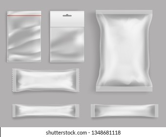 Goods polyethylene packaging types 3d realistic vector set isolated on grey background. Various size and form polythene, sealed, disposable packets with fastener, hang hole and tag for food products