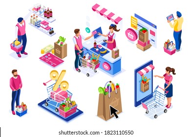 Goods purchases, cartoon set. Paying customers with trolley, supermarket line grocery. Supermarket customer, cartoon goods buying with trolley. Flat groceries purchaser collection, buyers group vector