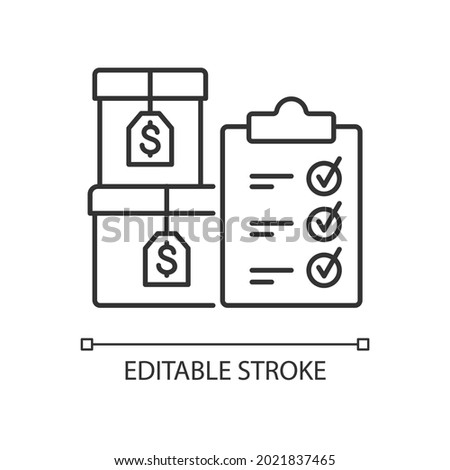 Goods ready for sale linear icon. Inventory in manufacturing. Finished things in accounting. Thin line customizable illustration. Contour symbol. Vector isolated outline drawing. Editable stroke