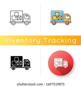 Goods receipt icon. Logistics, distribution, merchandise delivery service. Cargo transportation and products supply. Linear, black and RGB color styles. Isolated vector illustrations