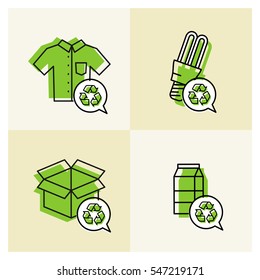 Goods with recyclable signs vector illustration. Clothes, energy-saving lamp, package box, cardboard package elements with recyclable labels.
