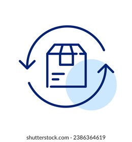 Símbolo de devolución o intercambio de mercancías. Cuadro de paquete de entrega y flechas de retorno. Icono perfecto de píxeles