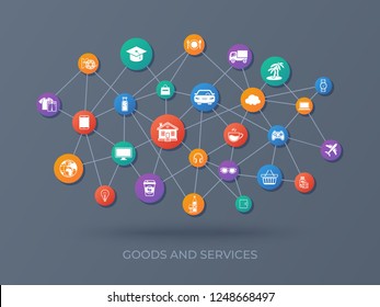 Goods and services. Icons set. Payment of goods, services, utility, restaurant. Shopping, marketing, delivery. Vector illustration