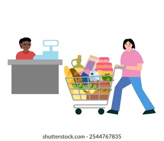Goods and services, a woman with a shopping cart at a supermarket checkout. Vector simple color flat illustration.