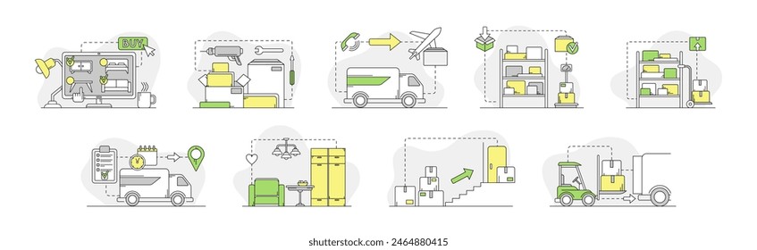 Goods Shipment and Logistics with Cardboard Box Order Line Vector Set