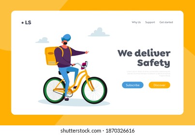 Goods Shipping and Transportation Landing Page Template. Courier Male Character Delivering Food to Customer on Bike. Express Delivery Service during Coronavirus Pandemic. Cartoon Vector Illustration
