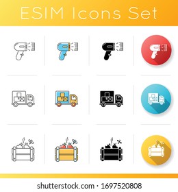 Goods shortage, receipt and quality control icons set. Barcode scanning device, code reader. Merchandise delivery service. Linear, black and RGB color styles. Isolated vector illustrations