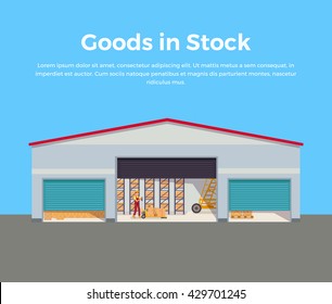Goods in stock banner design flat. Warehouse stock with a pile of cardboard boxes and package boxes. Delivery and shipping cargo, logistic to storehouse, merchandise box, vector illustration