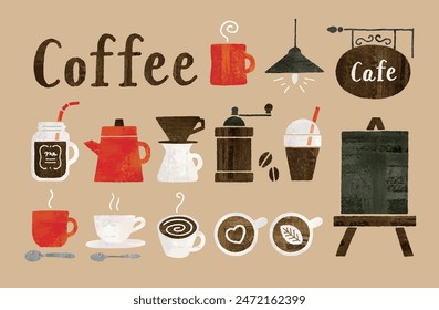 Goods such as coffee cups and coffee beans watercolor