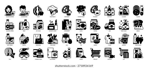 Bienes en el Supermercado Solid Icon Set