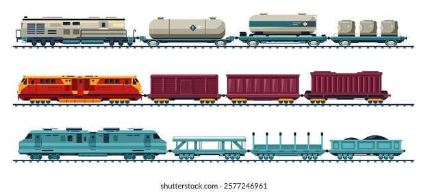 Goods train. Railroad freight locomotive with platforms, train cargo containers railway transportation goods, railway wagons for shipment and delivery. Vector isolated set.