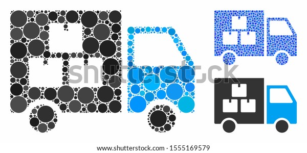 Goods transportation\
car composition of spheric dots in various sizes and color tinges,\
based on goods transportation car icon. Vector dots are organized\
into blue composition.
