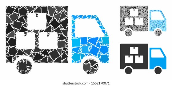 Goods transportation car mosaic of humpy parts in various sizes and color tints, based on goods transportation car icon. Vector bumpy parts are combined into collage.