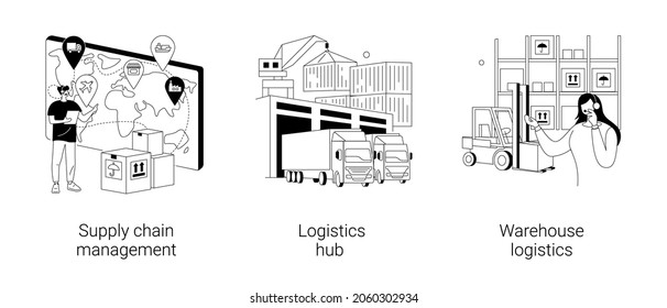 Goods transportation and storage abstract concept vector illustration set. Supply chain management, logistics hub, warehouse logistics, sorting and shipping, package delivery abstract metaphor.