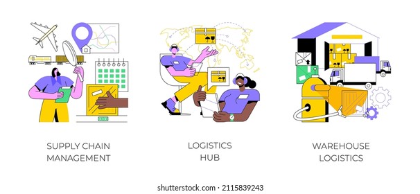 Goods transportation and storage abstract concept vector illustration set. Supply chain management, logistics hub, warehouse logistics, sorting and shipping, package delivery abstract metaphor.