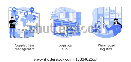 Goods transportation and storage abstract concept vector illustration set. Supply chain management, logistics hub, warehouse logistics, sorting and shipping, package delivery abstract metaphor.