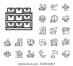 Goods warehouse sign. Plane, supply chain and place location outline icons. Storage line icon. Rack with boxes symbol. Storage line sign. Taxi transport, rent a bike icon. Travel map. Vector