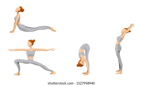 Good-shape lean Woman doing the sun salutation yoga pose  wearing grey sport bra and pants. Vector illustration. Flat design. Lineless art