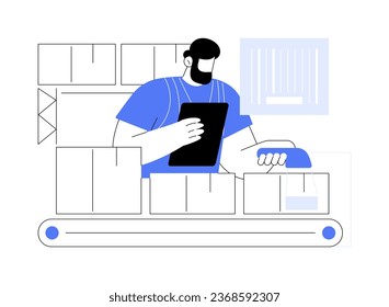 Goods-to-person technologies abstract concept vector illustration. Warehouse workers control goods-to-person order fulfillment method, inventory technologies, conveyor belts abstract metaphor.