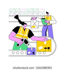 Goods-to-person technology isolated cartoon vector illustrations. Warehouse workers control goods-to-person order fulfillment method, inventory technologies, conveyor belt vector cartoon.