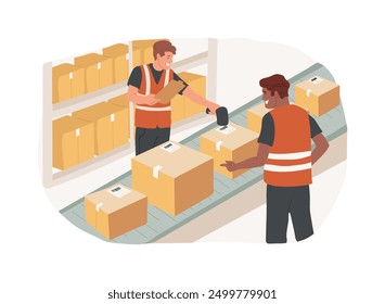 Goods-to-person technology isolated cartoon vector illustrations. Warehouse workers control goods-to-person order fulfillment method, inventory technologies, conveyor belt vector cartoon.