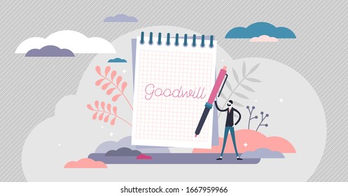 Goodwill concept, flat tiny person vector illustration. Handwritten notebook item with personal goal as intention to do good for other people as acts of kindness, charity, or donation activities.