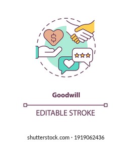 Goodwill concept icon. Intangible assets type idea thin line illustration. Acquiring existing business. One company purchase by another. Vector isolated outline RGB color drawing. Editable stroke